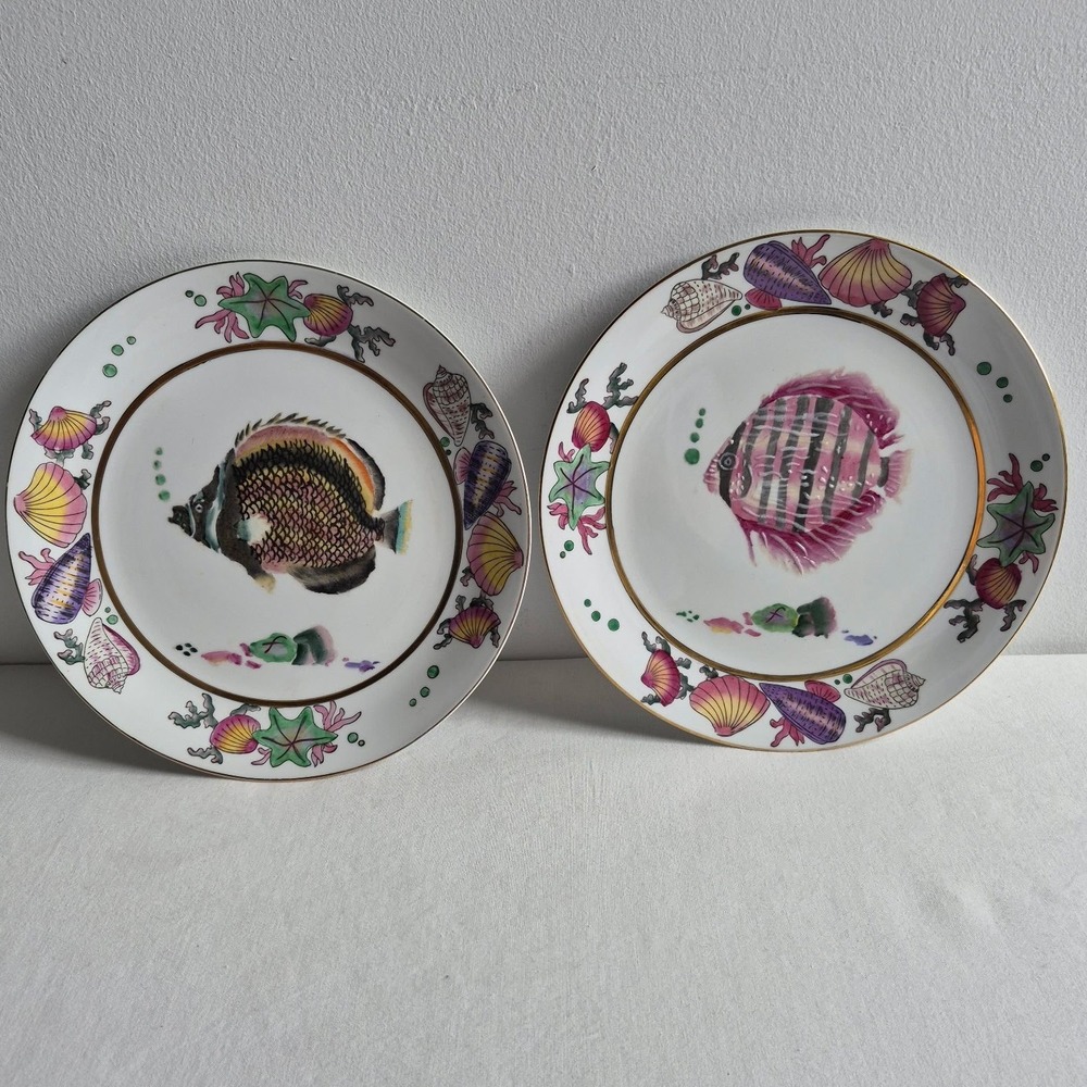 Accent Decorative Plates White Tropical Fish Shells Coastal Home Decor Set
